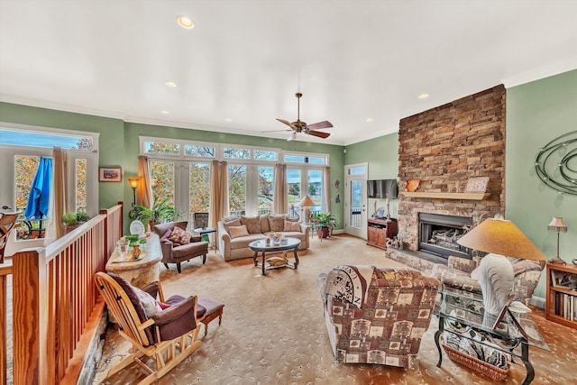 368 Penninsula Pt, Lynch Station, VA 24571 - living area featuring ceiling fan, a stone fireplace, ornamental molding, and recessed lighting