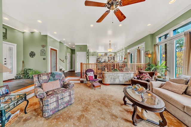 368 Penninsula Pt, Lynch Station, VA 24571 - living area featuring ornamental molding, a ceiling fan, recessed lighting, and stairway