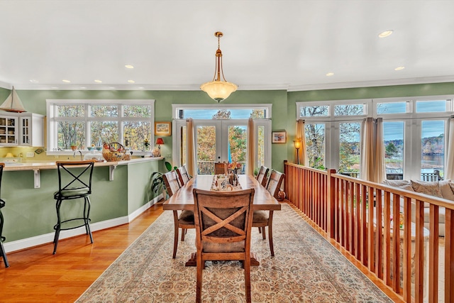 368 Penninsula Pt, Lynch Station, VA 24571 - dining room with french doors, light wood finished floors, ornamental molding, and recessed lighting