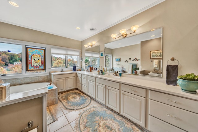 368 Penninsula Pt, Lynch Station, VA 24571 - full bathroom featuring double vanity, a garden tub, tile patterned flooring, ornamental molding, and recessed lighting