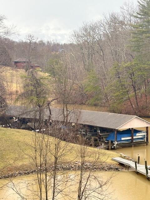 water view featuring a boat dock and a wooded view