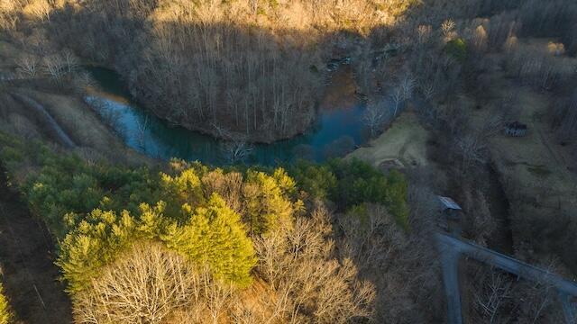 birds eye view of property featuring a forest view