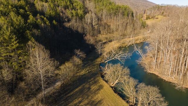 aerial view with a forest view and a water and mountain view