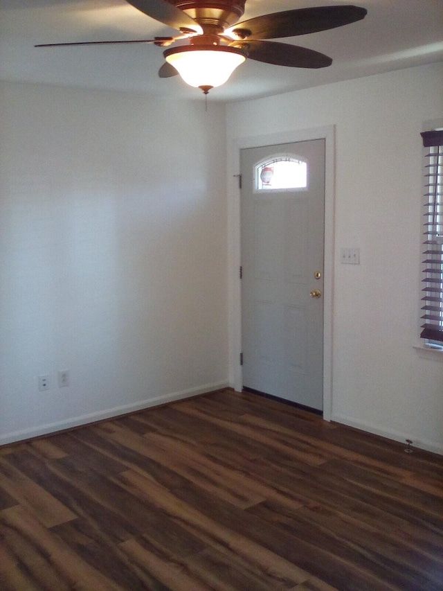 foyer featuring a ceiling fan and wood finished floors