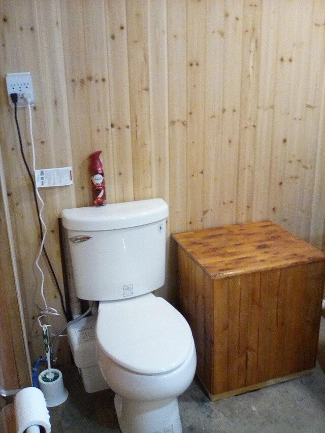 half bathroom with toilet, wooden walls, and vanity