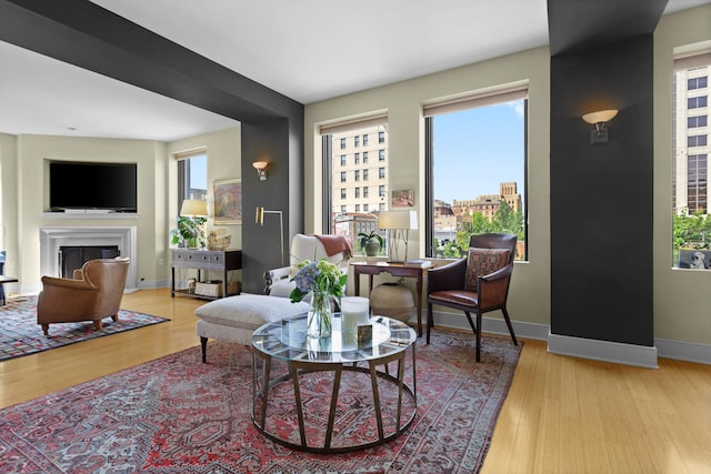 living area featuring baseboards, wood finished floors, and a glass covered fireplace