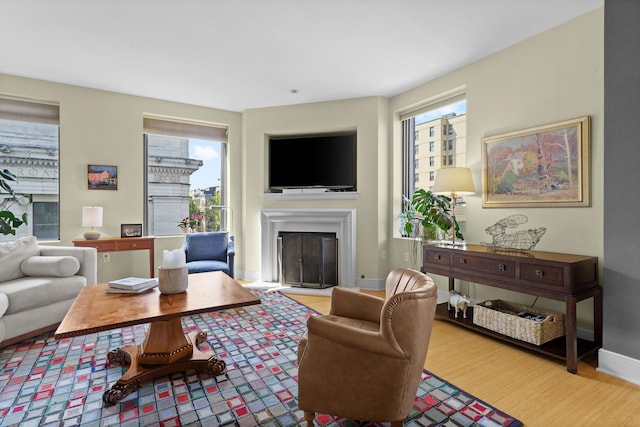 living area featuring a fireplace, baseboards, and wood finished floors