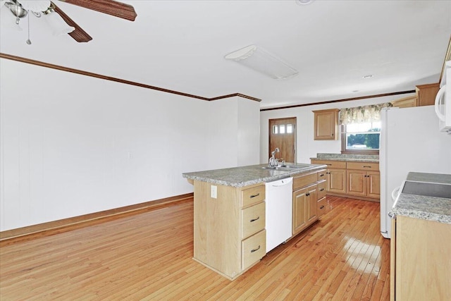 kitchen with white appliances, an island with sink, ornamental molding, light brown cabinetry, and light wood-type flooring