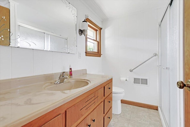 full bathroom featuring visible vents, toilet, a shower stall, vanity, and tile patterned flooring