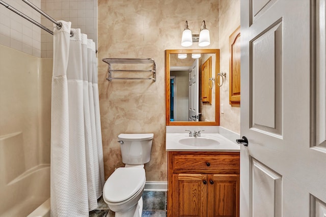 full bathroom featuring shower / tub combo, vanity, and toilet