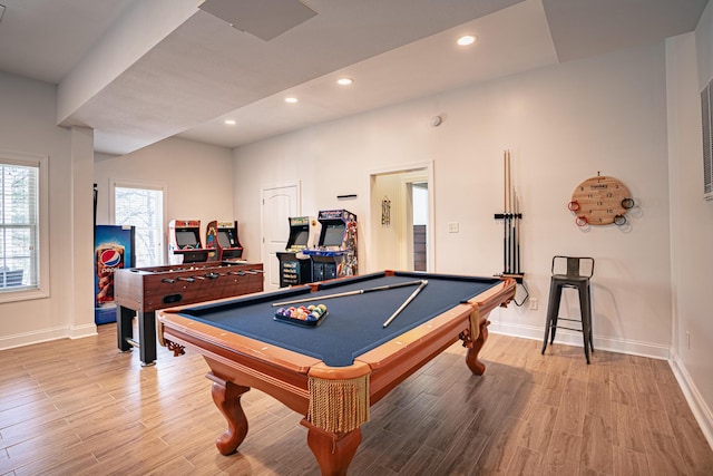 recreation room featuring pool table, light wood-style flooring, baseboards, and recessed lighting