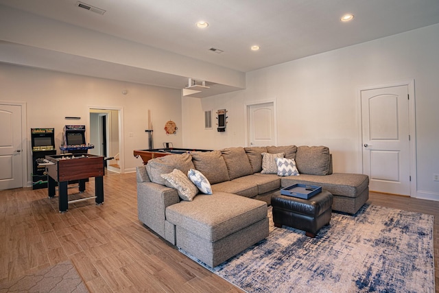 living room featuring recessed lighting, visible vents, billiards, and light wood-style flooring