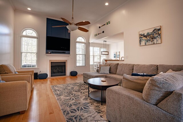 living area featuring light wood finished floors, a fireplace, a wealth of natural light, and crown molding