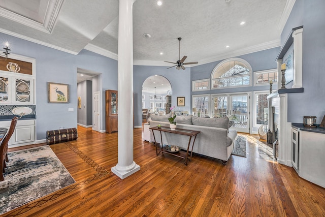20 Waverly Ct, Moneta, VA 24121 - living area with wood finished floors, ornate columns, arched walkways, ceiling fan, and crown molding