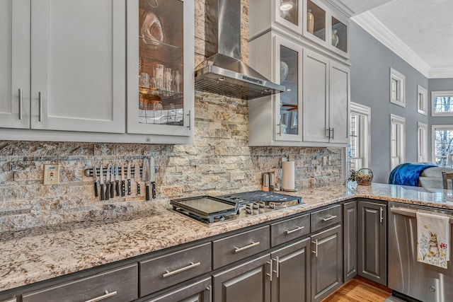 20 Waverly Ct, Moneta, VA 24121 - kitchen with tasteful backsplash, dark brown cabinets, crown molding, stainless steel appliances, and wall chimney exhaust hood