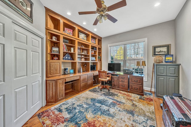 20 Waverly Ct, Moneta, VA 24121 - office area with light wood-style flooring, recessed lighting, a ceiling fan, and built in study area