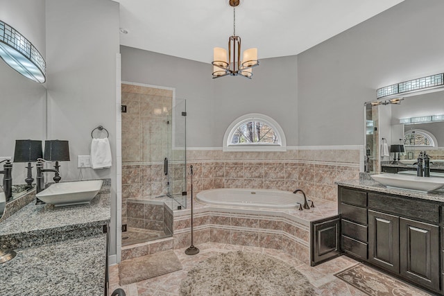 20 Waverly Ct, Moneta, VA 24121 - bathroom with a sink, an inviting chandelier, a bath, and a shower stall