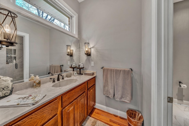 20 Waverly Ct, Moneta, VA 24121 - bathroom featuring vanity, baseboards, and a stall shower