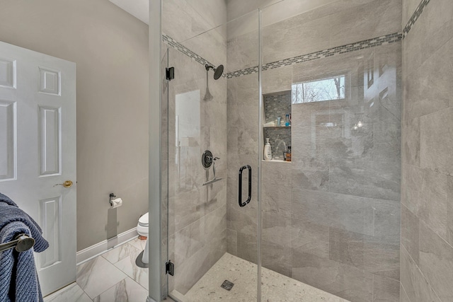 20 Waverly Ct, Moneta, VA 24121 - bathroom featuring toilet, baseboards, a stall shower, and marble finish floor