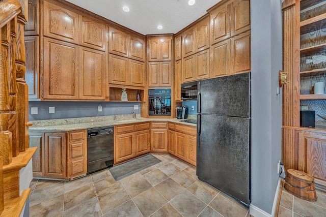 20 Waverly Ct, Moneta, VA 24121 - kitchen with brown cabinets, black appliances, open shelves, a sink, and light stone countertops