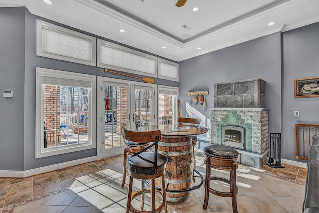 20 Waverly Ct, Moneta, VA 24121 - dining space featuring recessed lighting, a tile fireplace, baseboards, and ornamental molding