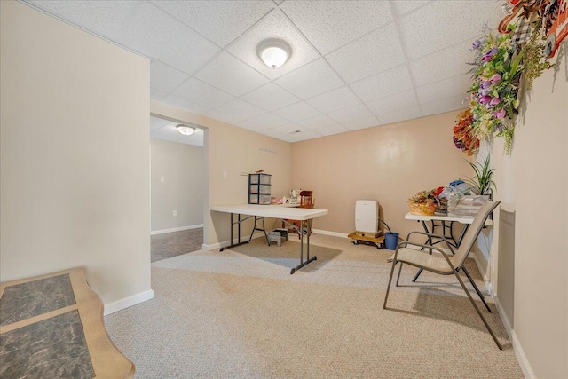 carpeted office featuring baseboards and a drop ceiling