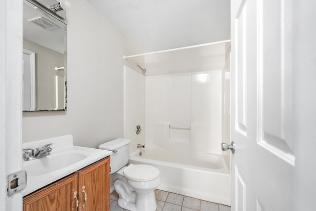 full bathroom featuring shower / tub combination, toilet, vanity, visible vents, and tile patterned floors