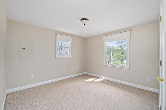 spare room featuring carpet floors, electric panel, visible vents, and a wealth of natural light