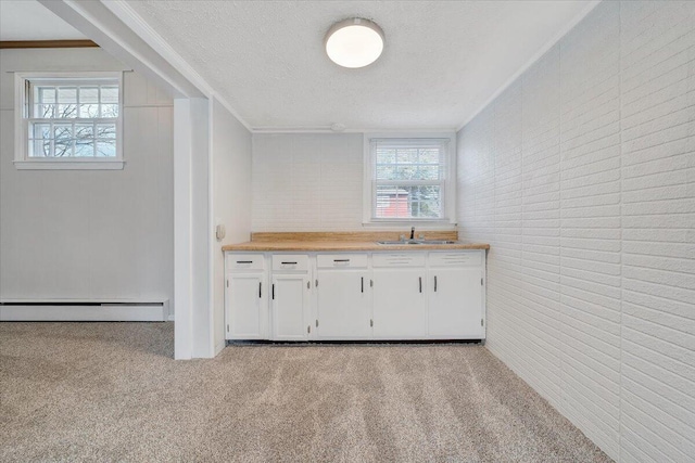 kitchen featuring carpet floors, baseboard heating, white cabinetry, a sink, and a textured ceiling