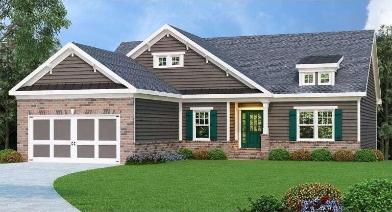 craftsman-style house featuring a front lawn, concrete driveway, brick siding, and an attached garage