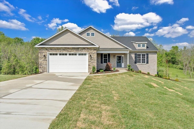 447 Hollymeade Ln, Daleville, VA 24083 - craftsman-style house with an attached garage, a front lawn, brick siding, stone siding, and driveway