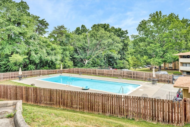 view of pool with a fenced backyard, a fenced in pool, and a patio