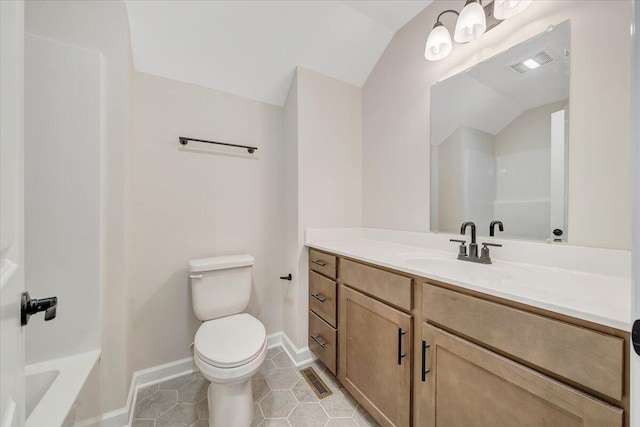 full bathroom featuring visible vents, baseboards, toilet, vanity, and vaulted ceiling