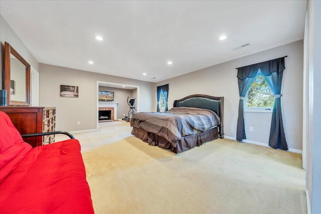 bedroom featuring visible vents, recessed lighting, baseboards, and carpet