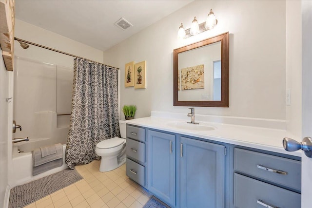 bathroom with visible vents, toilet, shower / bath combo with shower curtain, tile patterned floors, and vanity