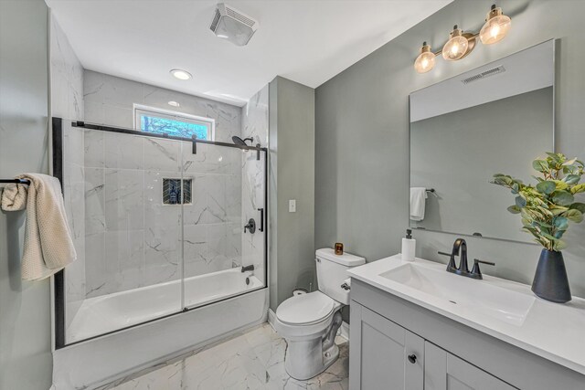 full bath with toilet, marble finish floor, vanity, and visible vents