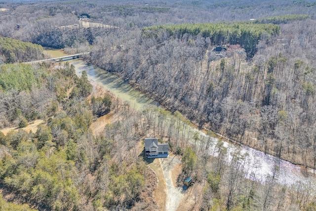 drone / aerial view with a wooded view