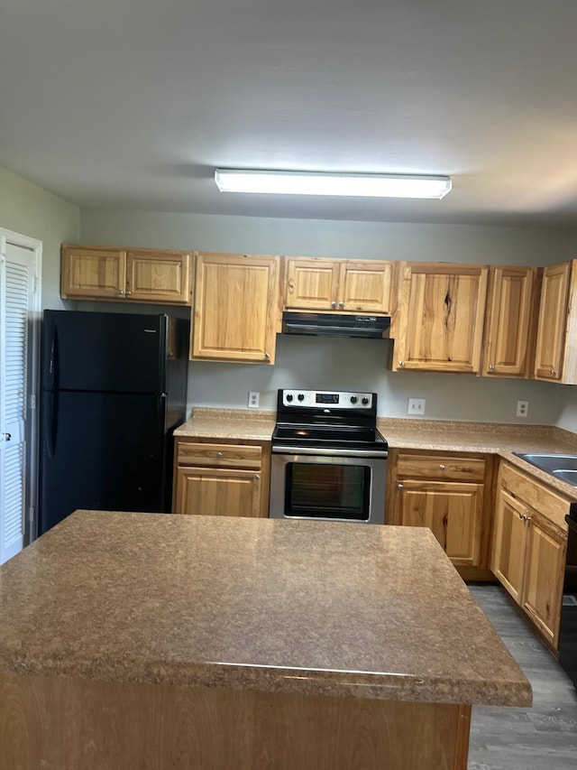 kitchen with electric range, a sink, exhaust hood, freestanding refrigerator, and dark wood finished floors