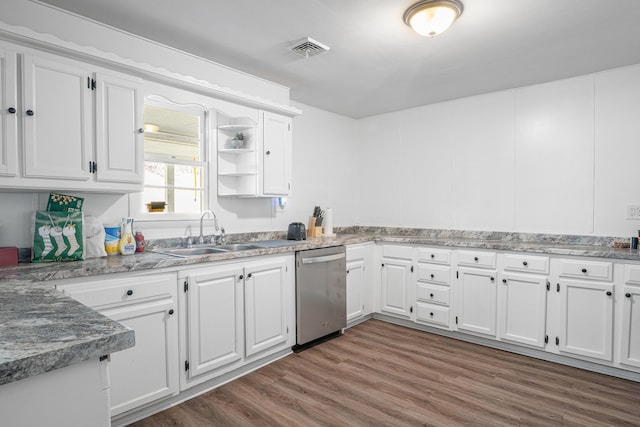 kitchen featuring white cabinets, visible vents, dishwasher, and a sink