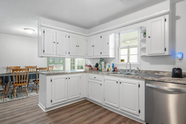 kitchen featuring dark wood-style floors, white cabinets, and dishwasher