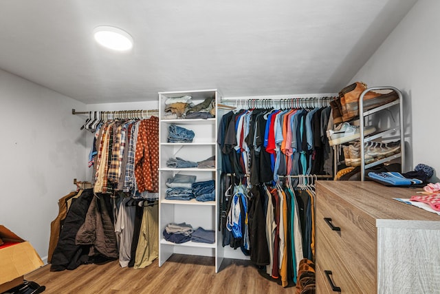 walk in closet with wood finished floors