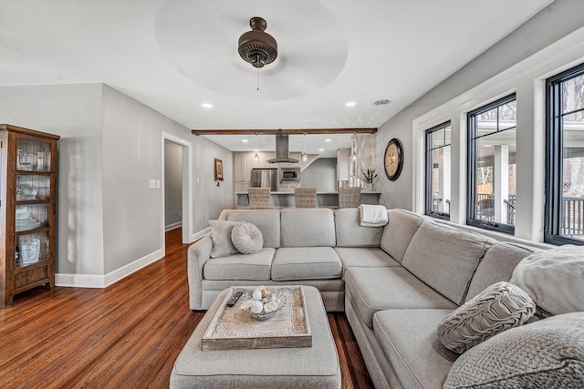 living room with recessed lighting, baseboards, dark wood finished floors, and ceiling fan