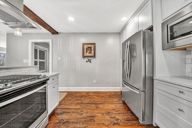 kitchen featuring tasteful backsplash, dark wood-type flooring, light countertops, exhaust hood, and stainless steel appliances