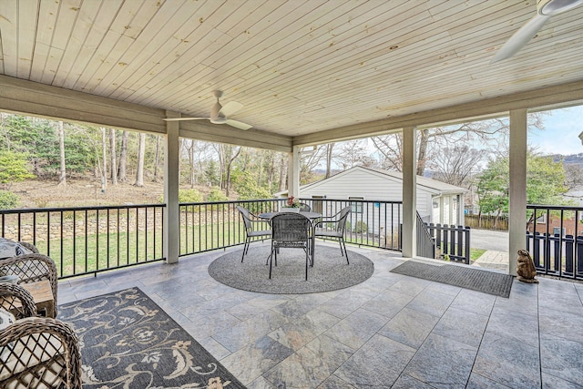 sunroom featuring wood ceiling and ceiling fan