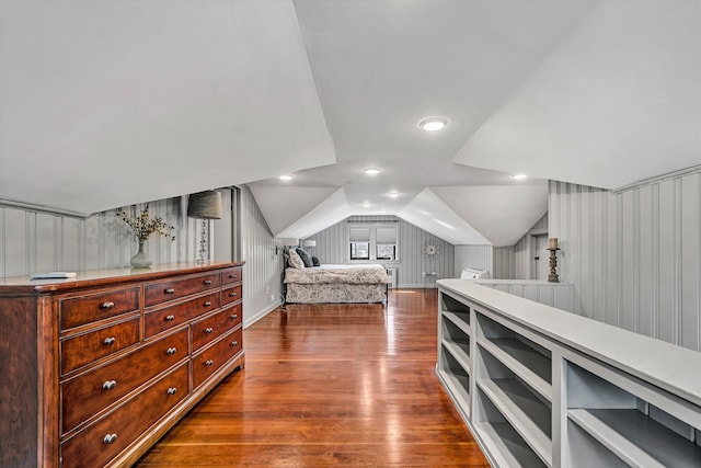 bedroom featuring recessed lighting, lofted ceiling, and dark wood-style flooring