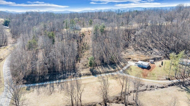 birds eye view of property featuring a mountain view and a view of trees