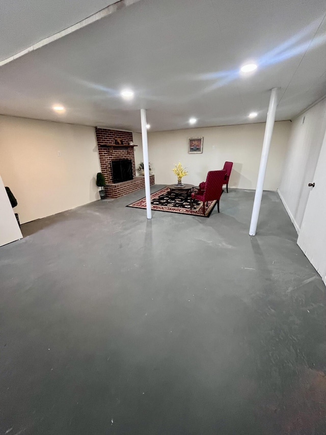 2811 Isle Of Pines Dr, Moneta, VA 24121 - finished basement featuring a brick fireplace and recessed lighting