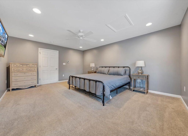 bedroom with attic access, baseboards, ceiling fan, carpet flooring, and recessed lighting