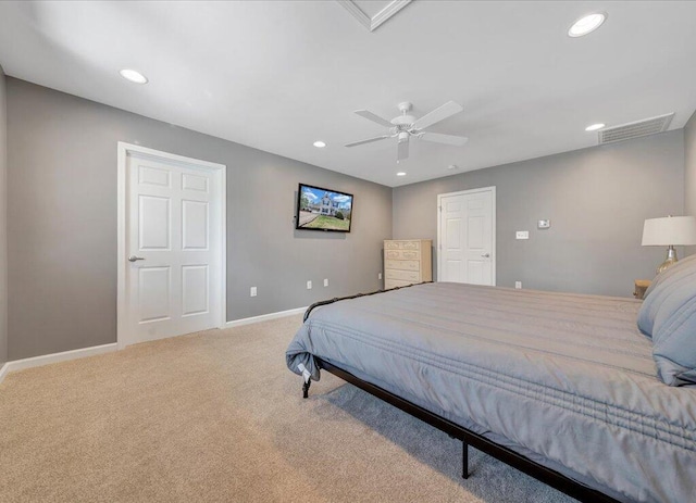 carpeted bedroom with baseboards, visible vents, and recessed lighting