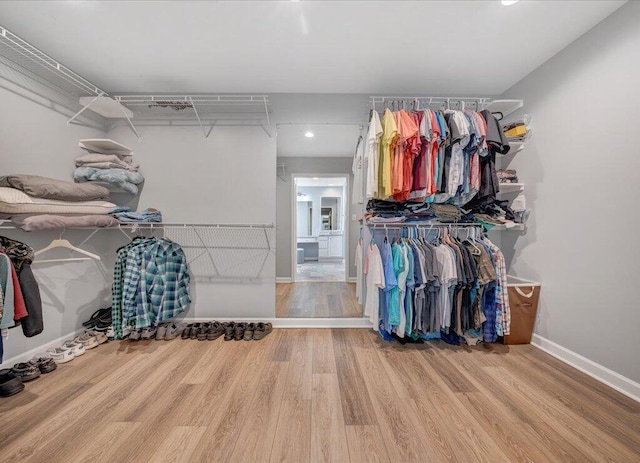 walk in closet with wood finished floors